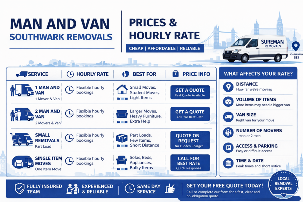 Man and van Southwark removals prices and hourly rate infographic
