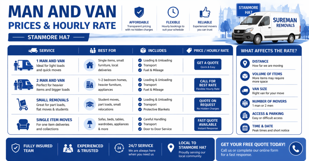 Man and van Stanmore HA7 Prices and Hourly Rate Infographic