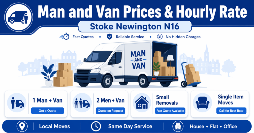 Man and van Stoke Newington N16 prices and hourly rate infographic
