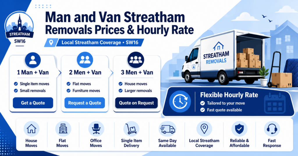 Man and Van Streatham removals prices and hourly rate infographic with no figures