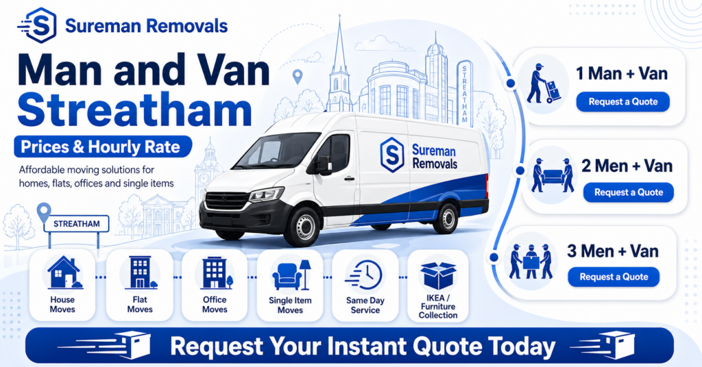 Man and Van Streatham prices and hourly rate infographic with quote options