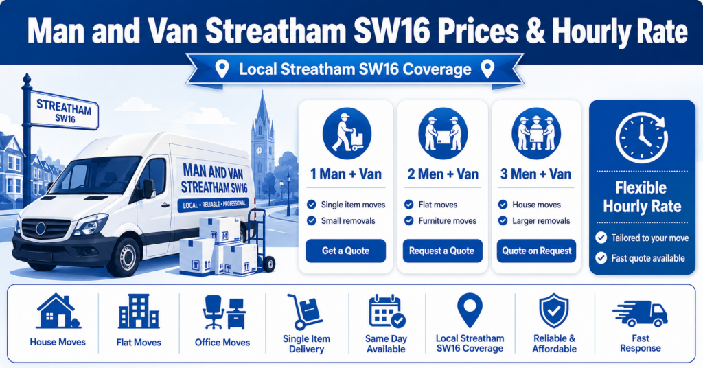 Man and Van Streatham SW16 prices and hourly rate infographic with no figures