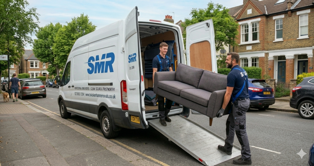 Professional man and van team loading a removals van in Thamesmead SE28