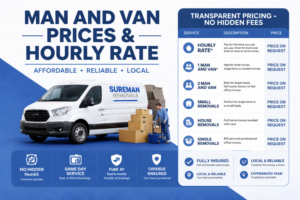 Man and Van Lambeth prices and hourly rate infographic for removals services