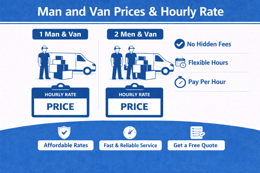 Man and van Finsbury prices with hourly rate for 1 man & van and 2 men & van service options, highlighting flexible hours, no hidden fees, and pay-per-hour rates.