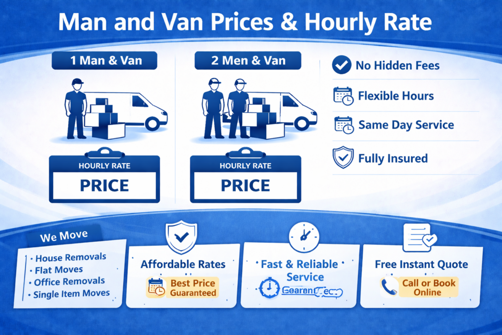 Man and van Newcross prices with hourly rate for 1 man & van and 2 men & van service options, highlighting flexible hours, no hidden fees, and pay-per-hour rates.
