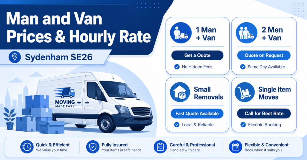 Man and van Sydenham prices and hourly rate infographic