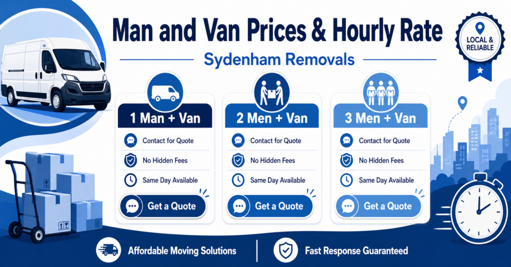 Blue and white infographic for man and van Sydenham removals prices and hourly rate