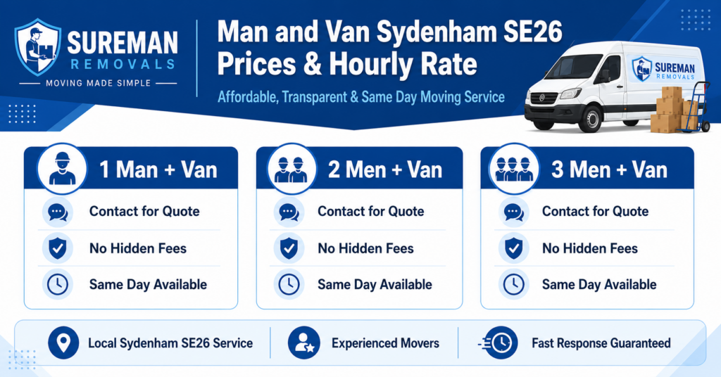 Blue and white man and van Sydenham SE26 prices and hourly rate infographic