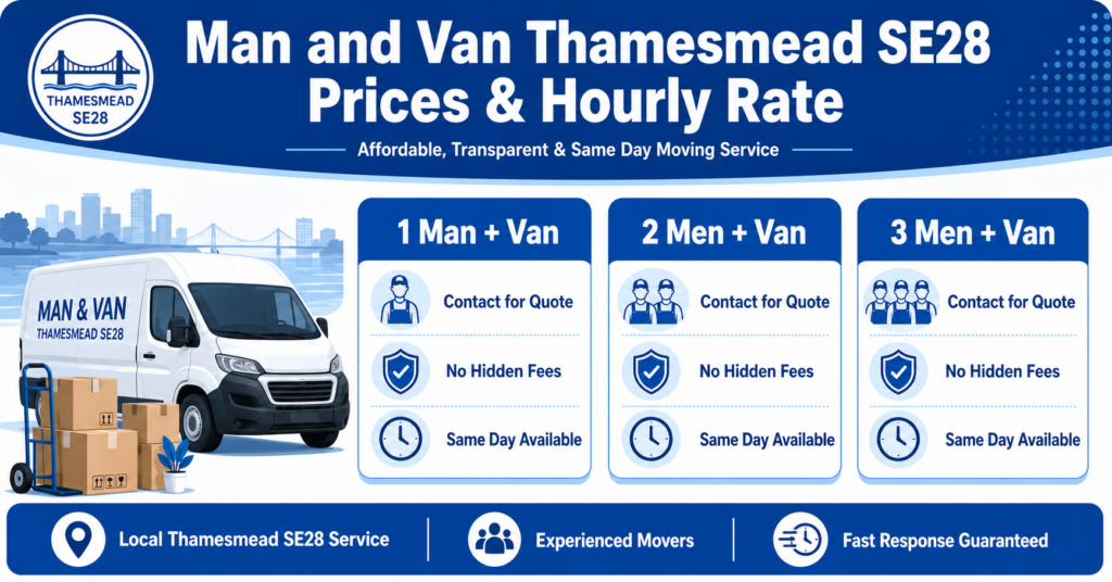 Blue and white man and van Thamesmead SE28 prices and hourly rate infographic