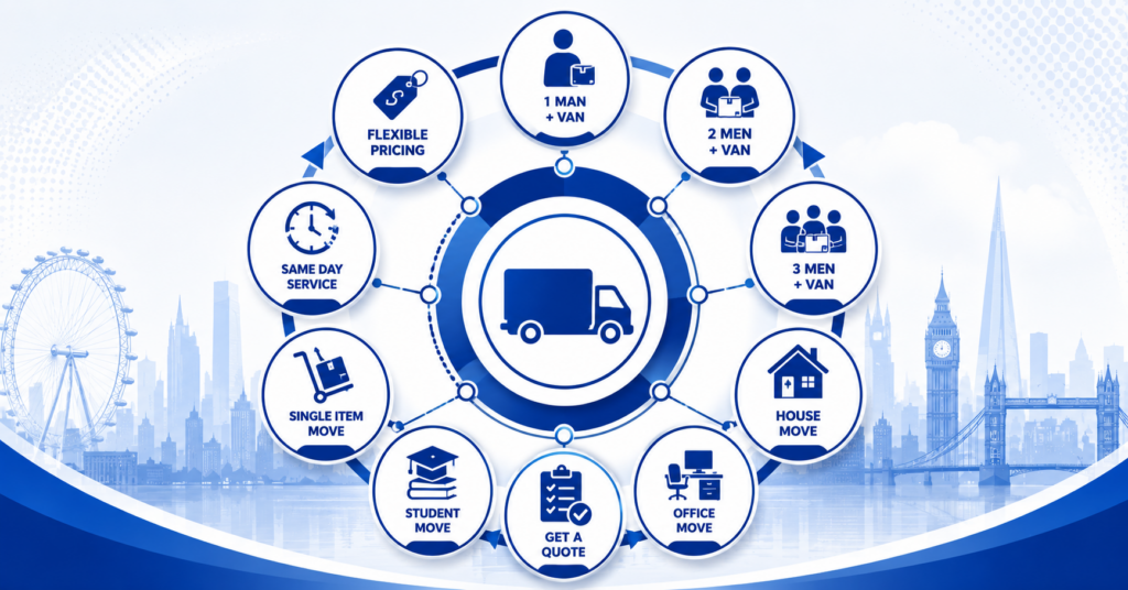 Infographic showing man and van Harrow moving services including house removals and office removals