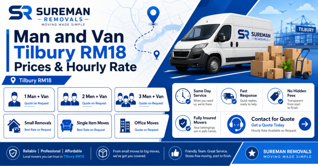 Man and van Tilbury RM18 prices and hourly rate infographic