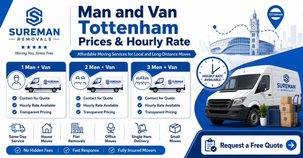 Man and Van Tottenham removals prices and hourly rate infographic with no price figures
