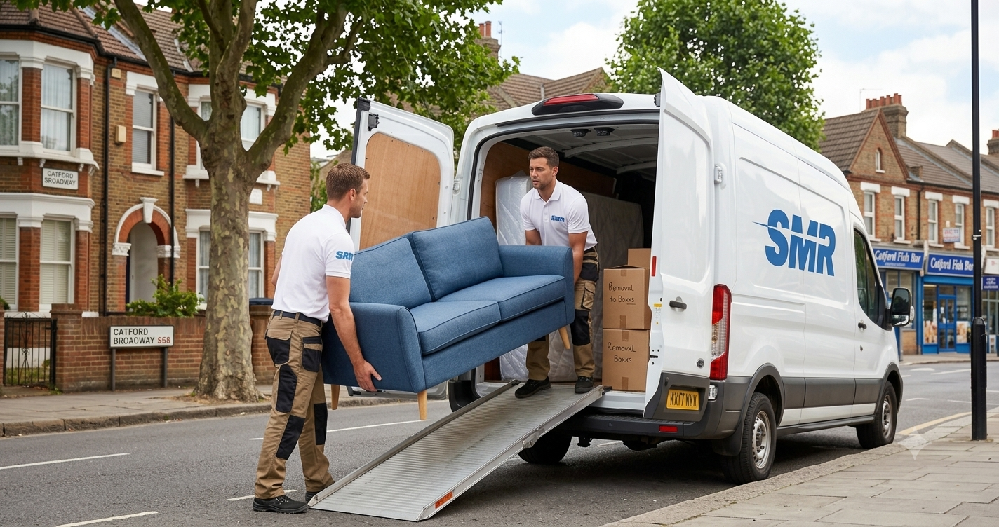 Professional man and van Hayes movers loading furniture into a removal van