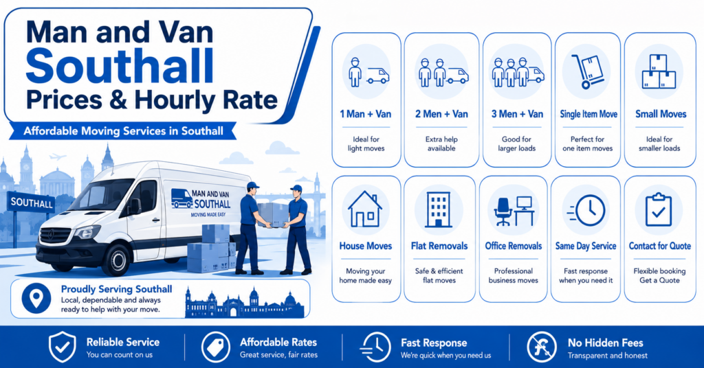 Blue and white Man and Van Southall prices and hourly rate infographic with moving service options