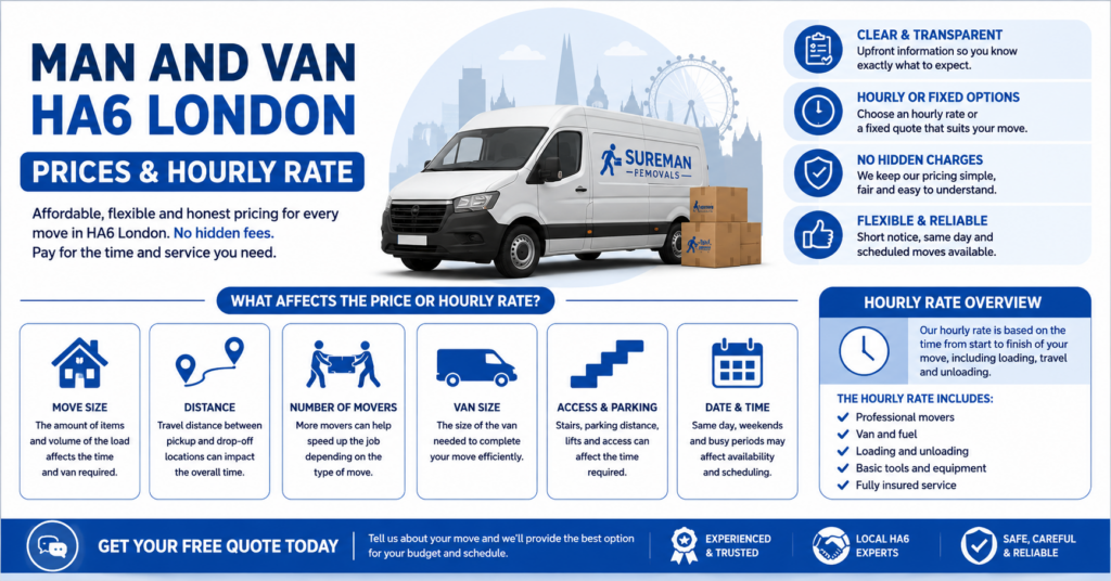 HA6 London man and van services infographic for house flat office and single item removals