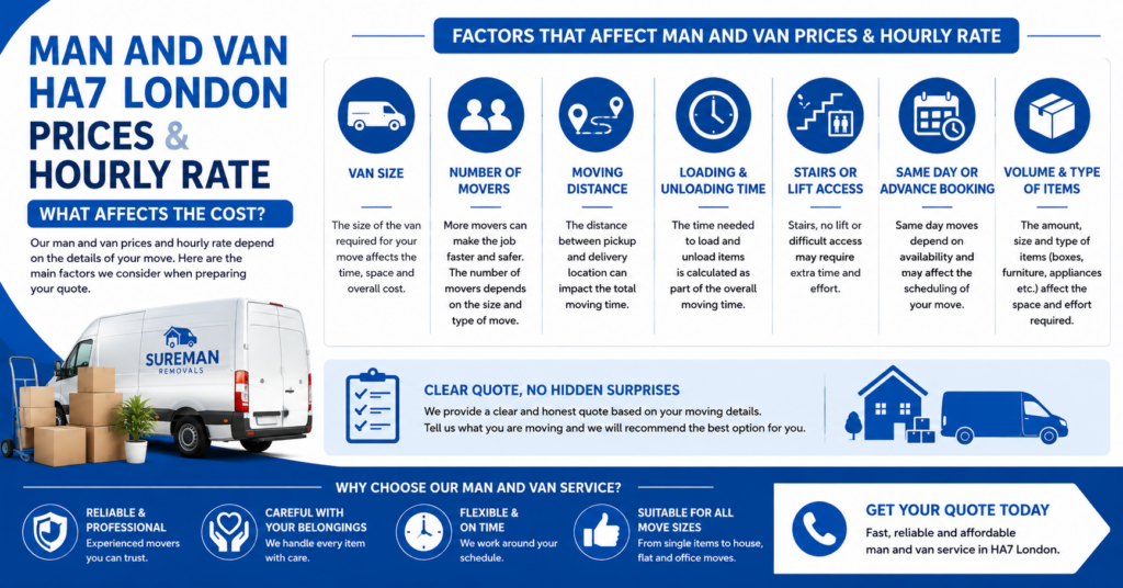 Man and Van HA7 London prices and hourly rate infographic showing moving cost factors