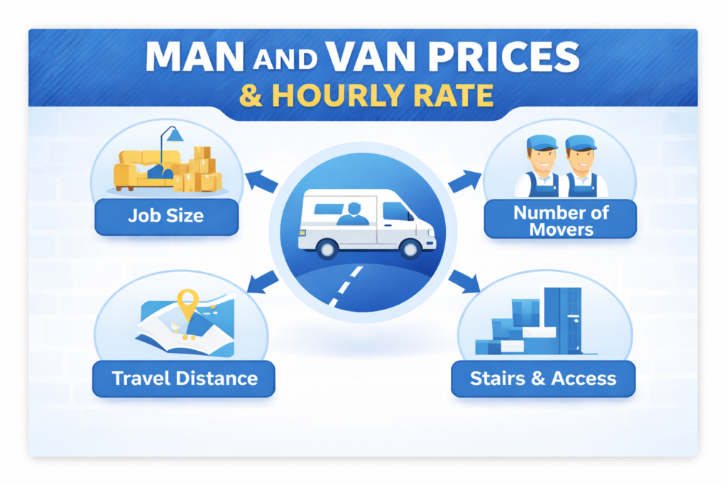 Infographic showing man and van Datford DA1 hourly rates