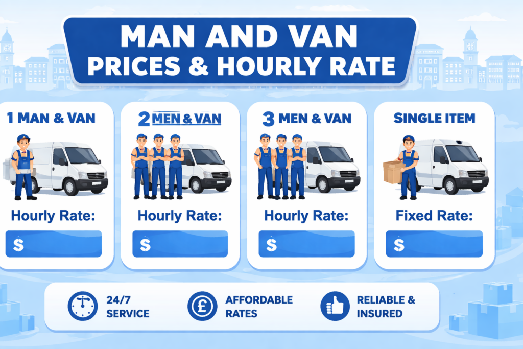 Infographic showing man and van Datford hourly rate and service tiers