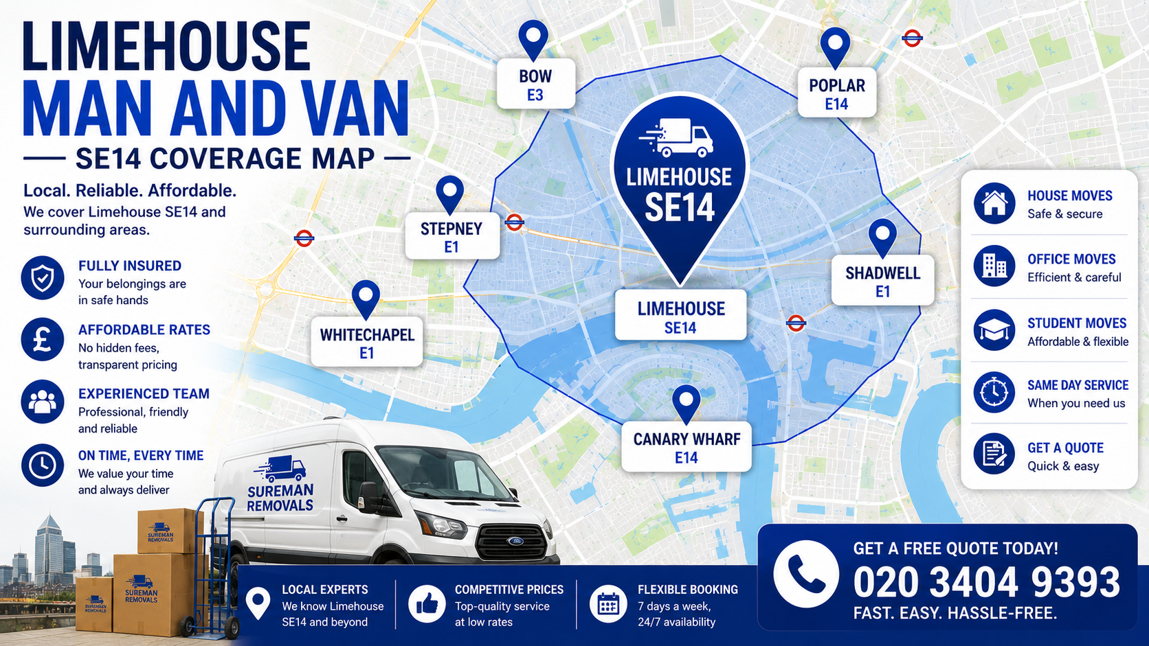 Map showing service areas for Man and Van Limehouse SE14