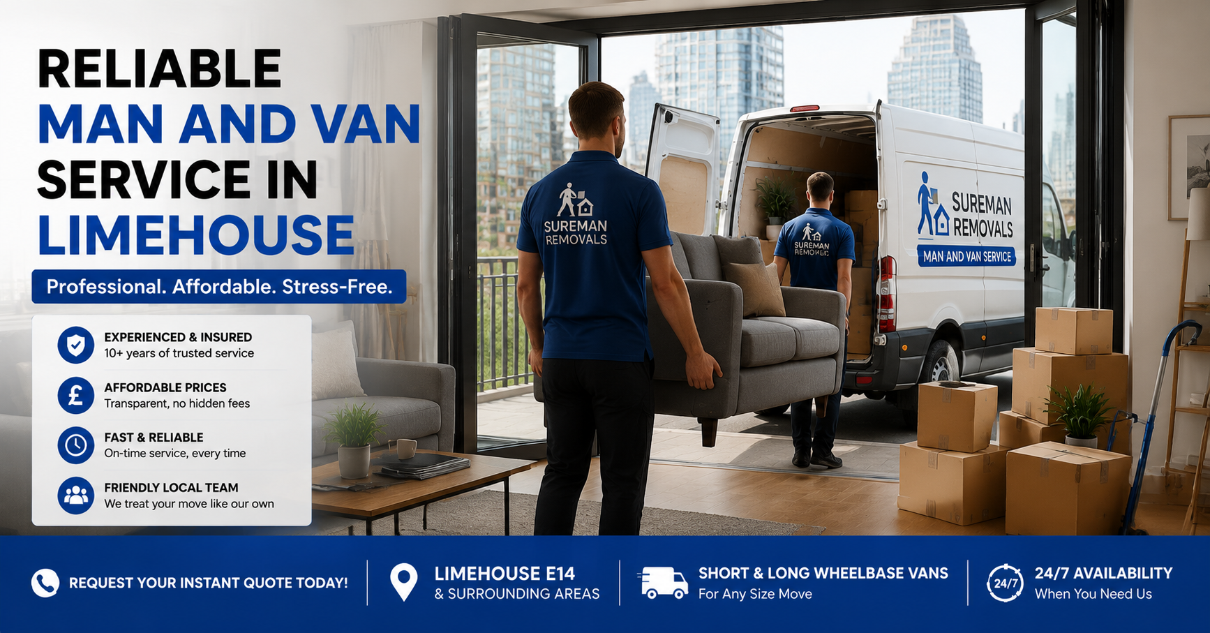 Professional movers loading furniture into a van in Limehouse E14