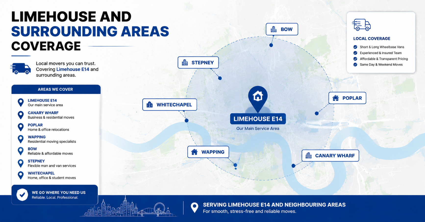 Map highlighting Limehouse E14 and surrounding London areas including Canary Wharf, Poplar, Wapping, Bow, Stepney, and Whitechapel