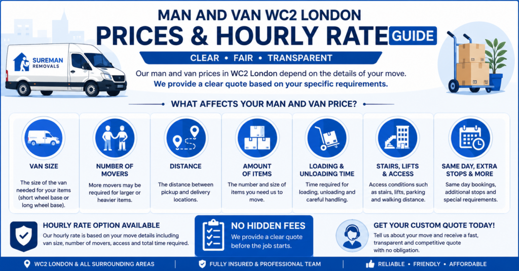 Infographic explaining man and van WC2 London prices and hourly rate factors