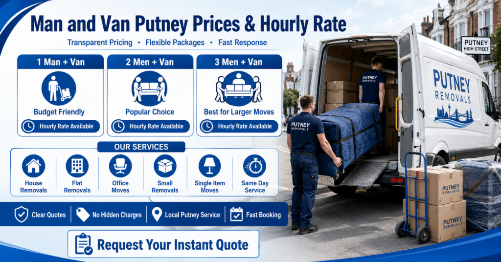 Man and Van Putney prices and hourly rate infographic for local removals