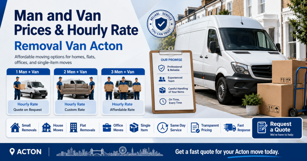 Man and van Acton services infographic for removals prices and hourly rate guidance