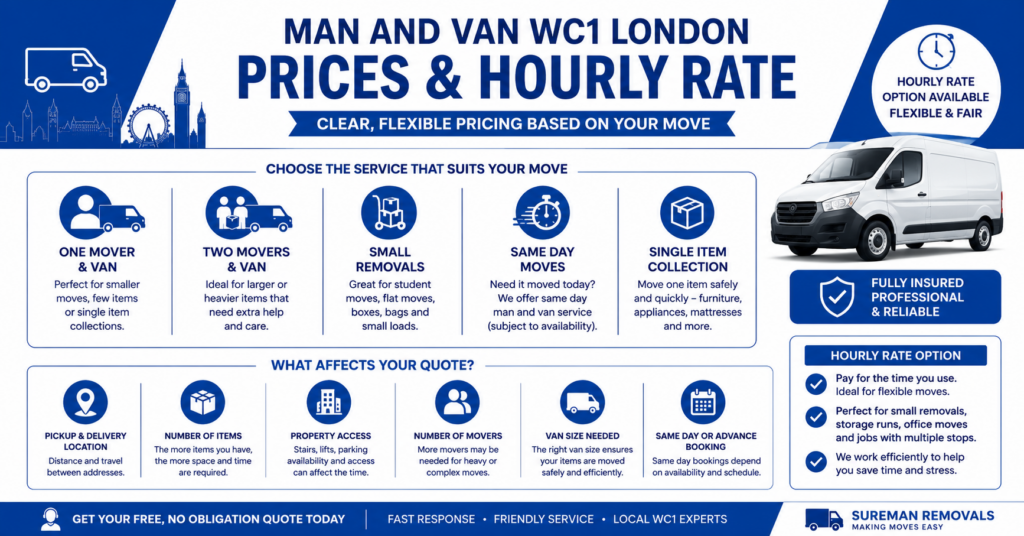 Blue and white infographic explaining man and van WC1 London prices and hourly rate options