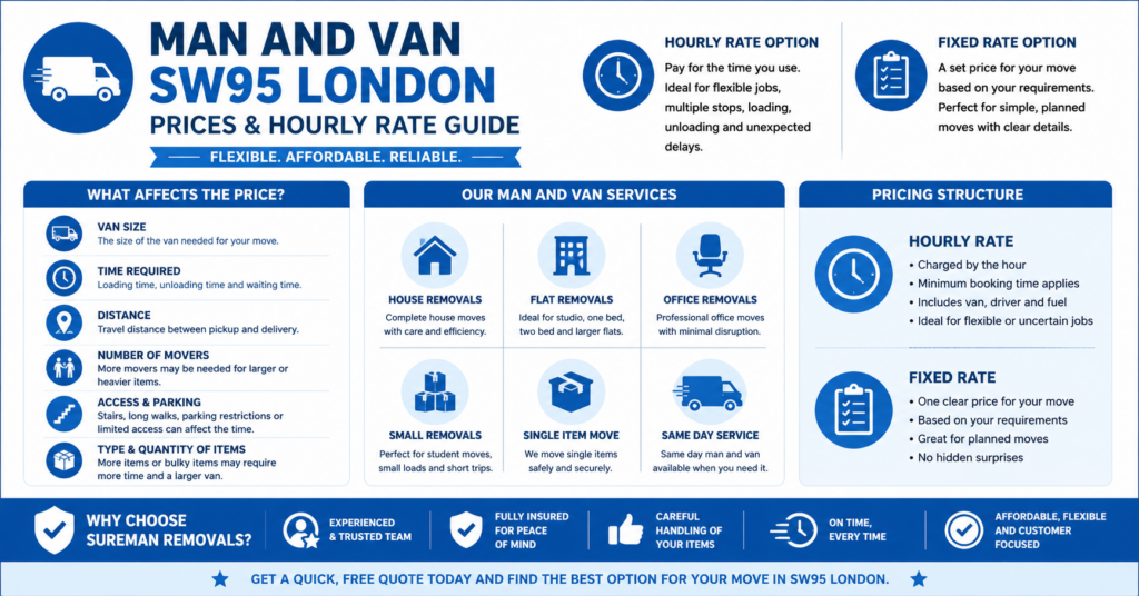 Blue and white infographic explaining man and van SW95 London prices and hourly rate options