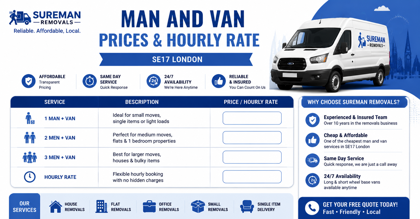 Flexible hourly rate Man and Van SE17 London service