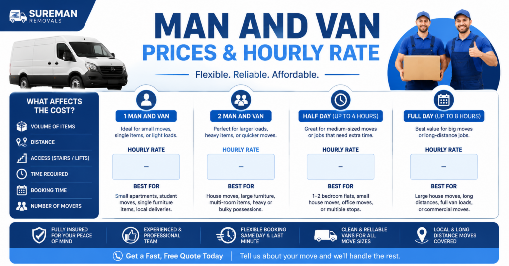 Infographic showing 1 man van, 2 men van, and same-day removal icons with text placeholders