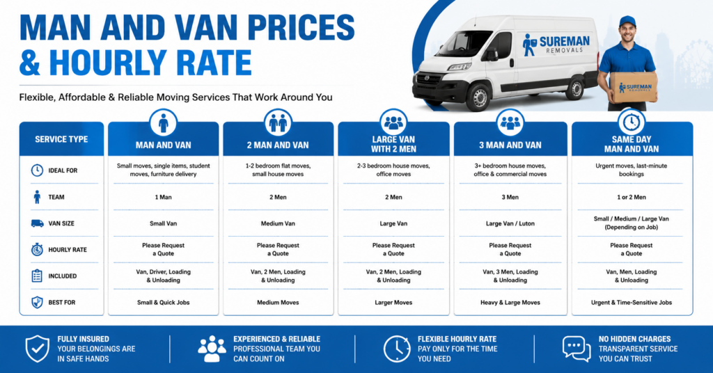 Infographic showing man and van, 2 men and van, small removals, and single item services in Acton