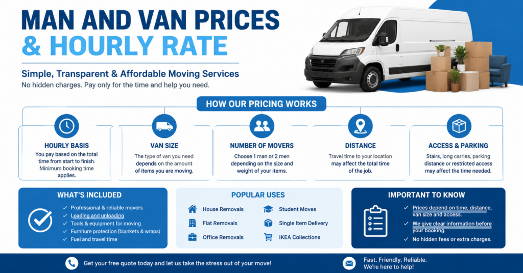 Infographic showing man and van hire services in Angel including small removals, student moves, and single item transport