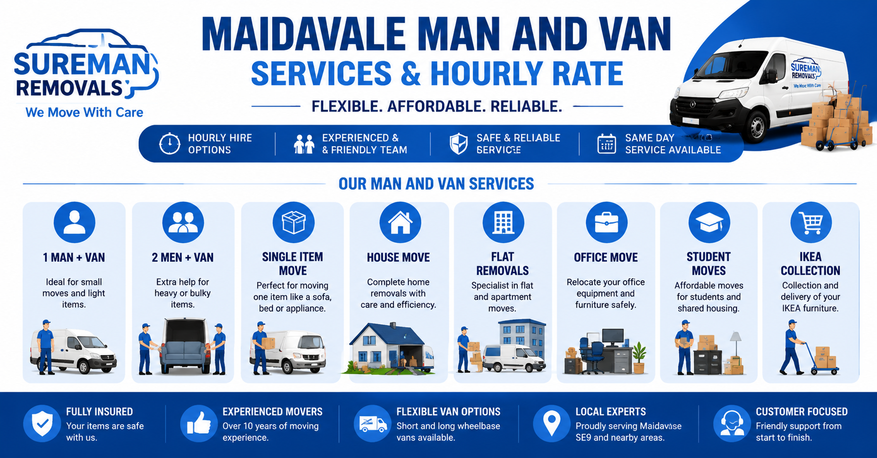 Infographic of man and van Maidavale services showing van sizes, team options, and move types