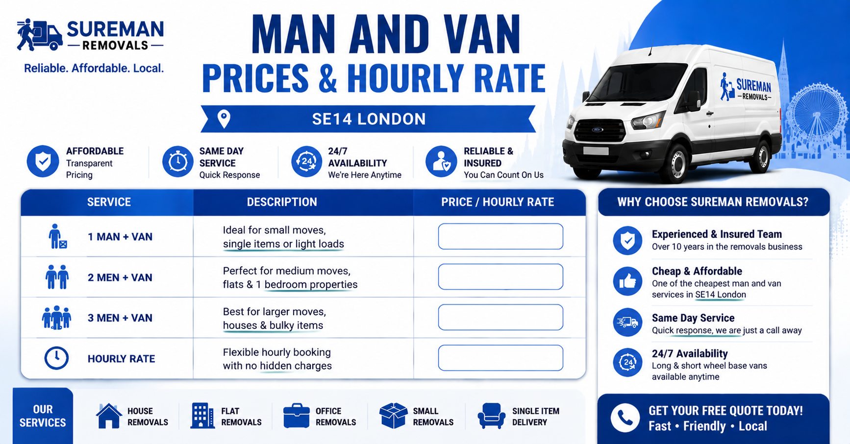 Flexible hourly rate Man and Van SE14 London service