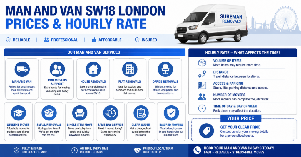 Infographic showing Man and Van SW18 London prices, hourly rate factors and removal service options