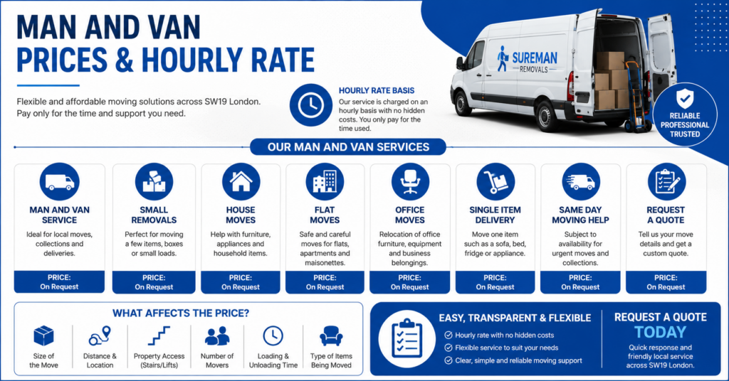 Man and Van SW19 London prices and hourly rate infographic without price figures
