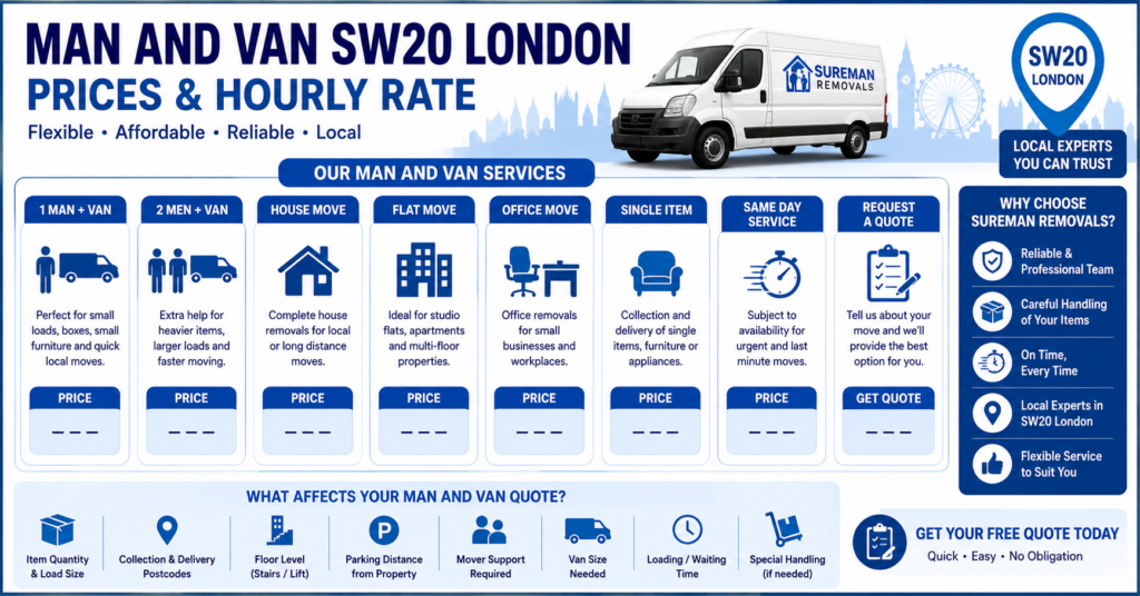 Infographic showing man and van SW20 London service options including house removals, flat removals, office moves and single item transport