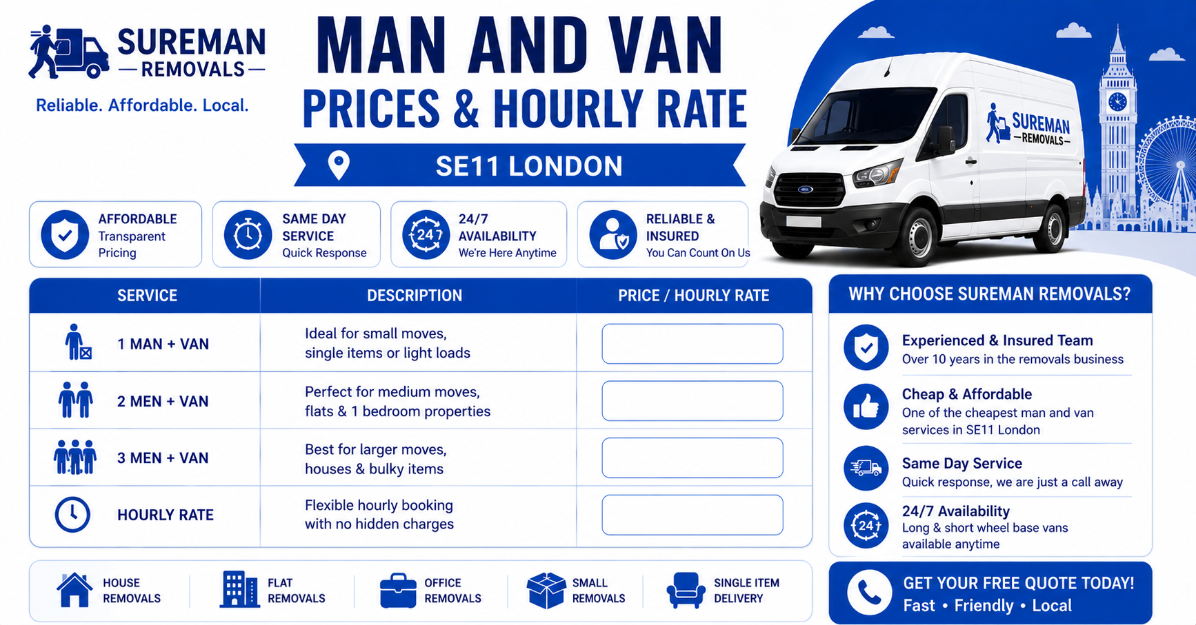 Flexible hourly rate Man and Van SE11 London service
