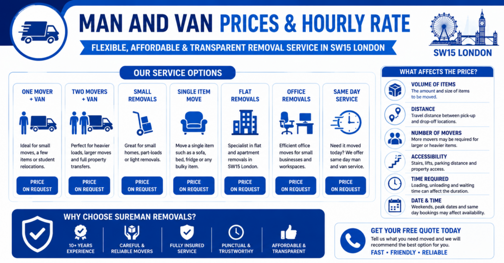 Man and Van SW15 London prices and hourly rate infographic