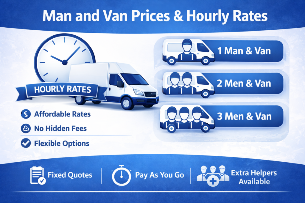 Man and Van East Ham Park removals infographic showing moving services and hourly rate information