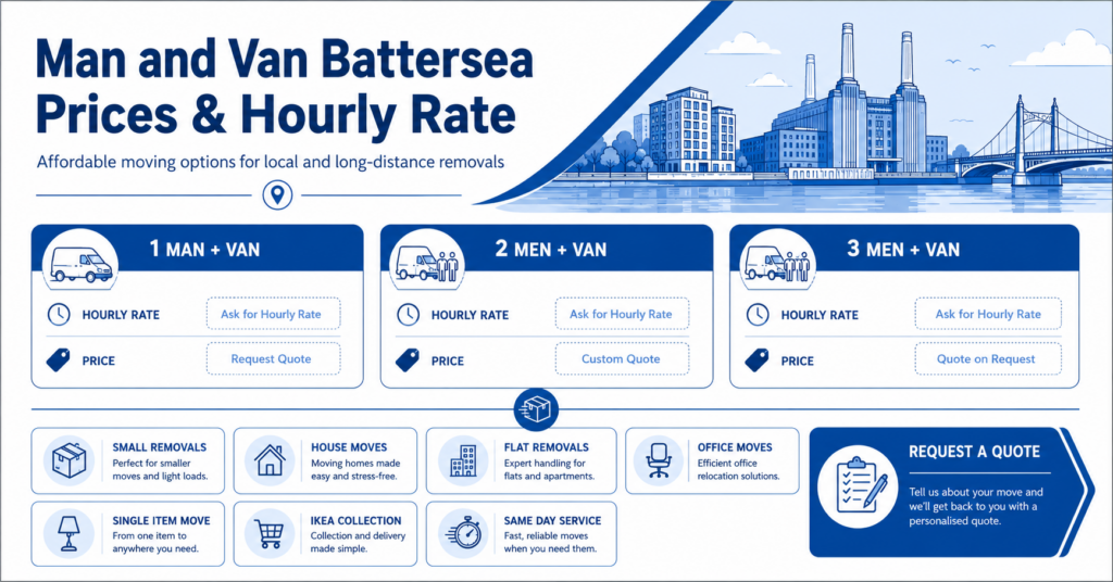 Man and van Battersea services infographic for small removals house moves flat moves office moves and IKEA collection