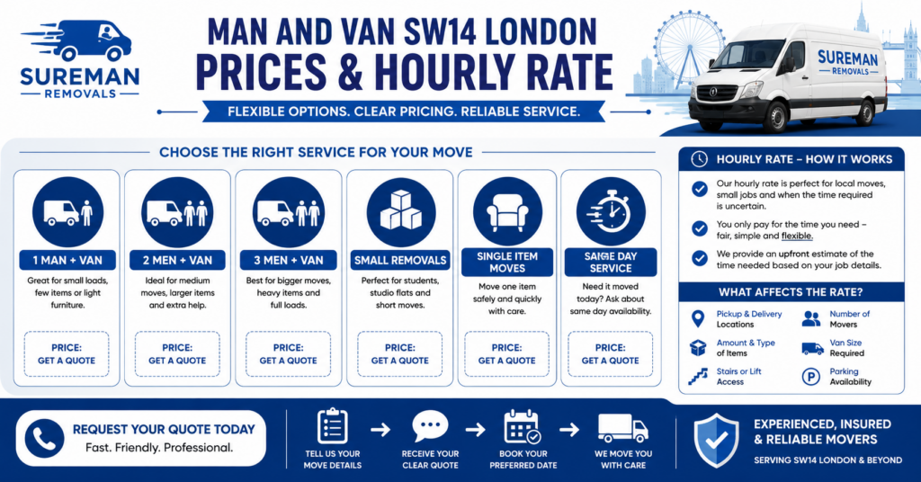 Blue and white infographic for man and van SW14 London prices and hourly rate with service options and quote request