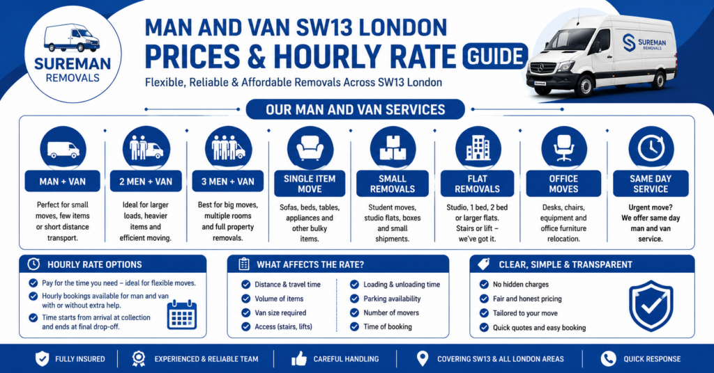Man and Van SW13 London prices and hourly rate infographic for small removals and single item moves
