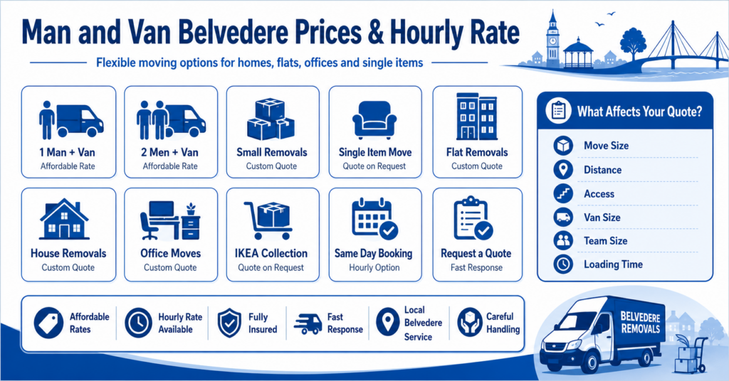 Blue and white infographic showing man and van Belvedere prices, hourly rate options and removal services