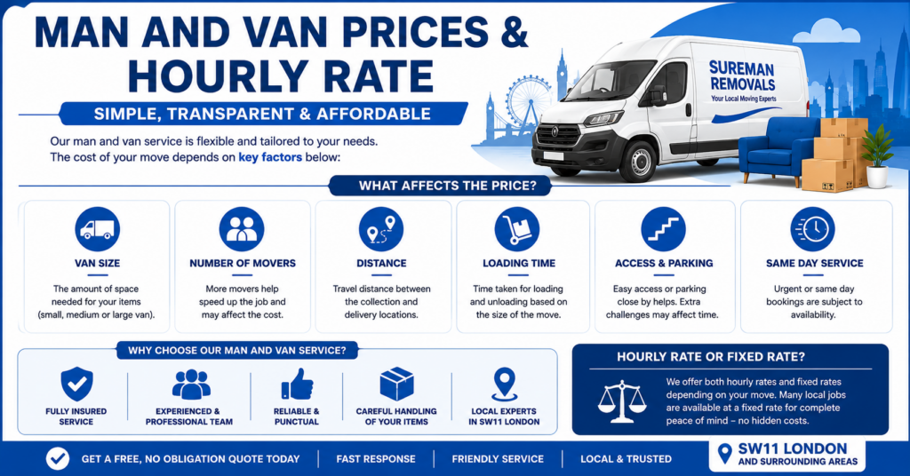 Man and Van SW11 London prices and hourly rate infographic showing van options and removal services