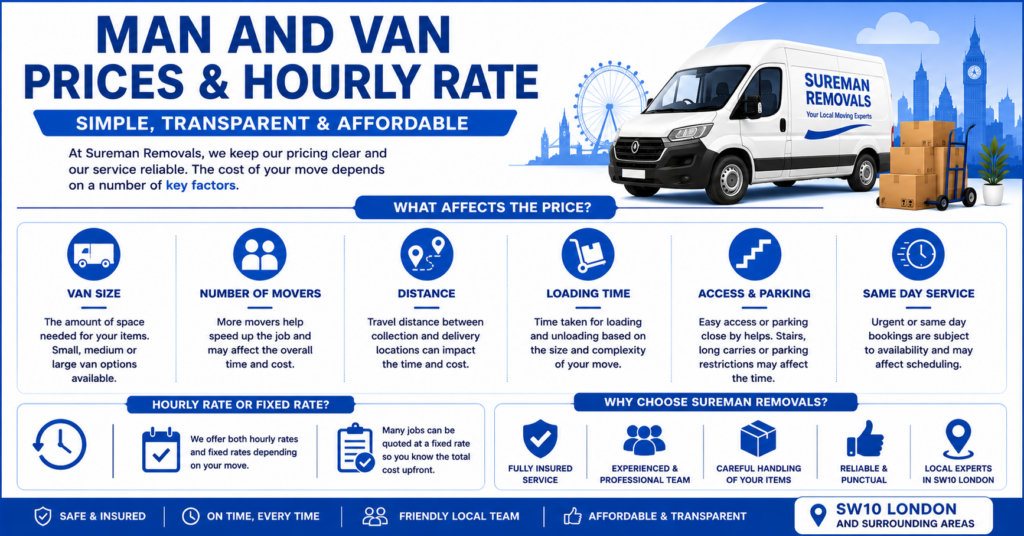 Man and Van SW10 London prices and hourly rate infographic showing van size movers distance access and loading time