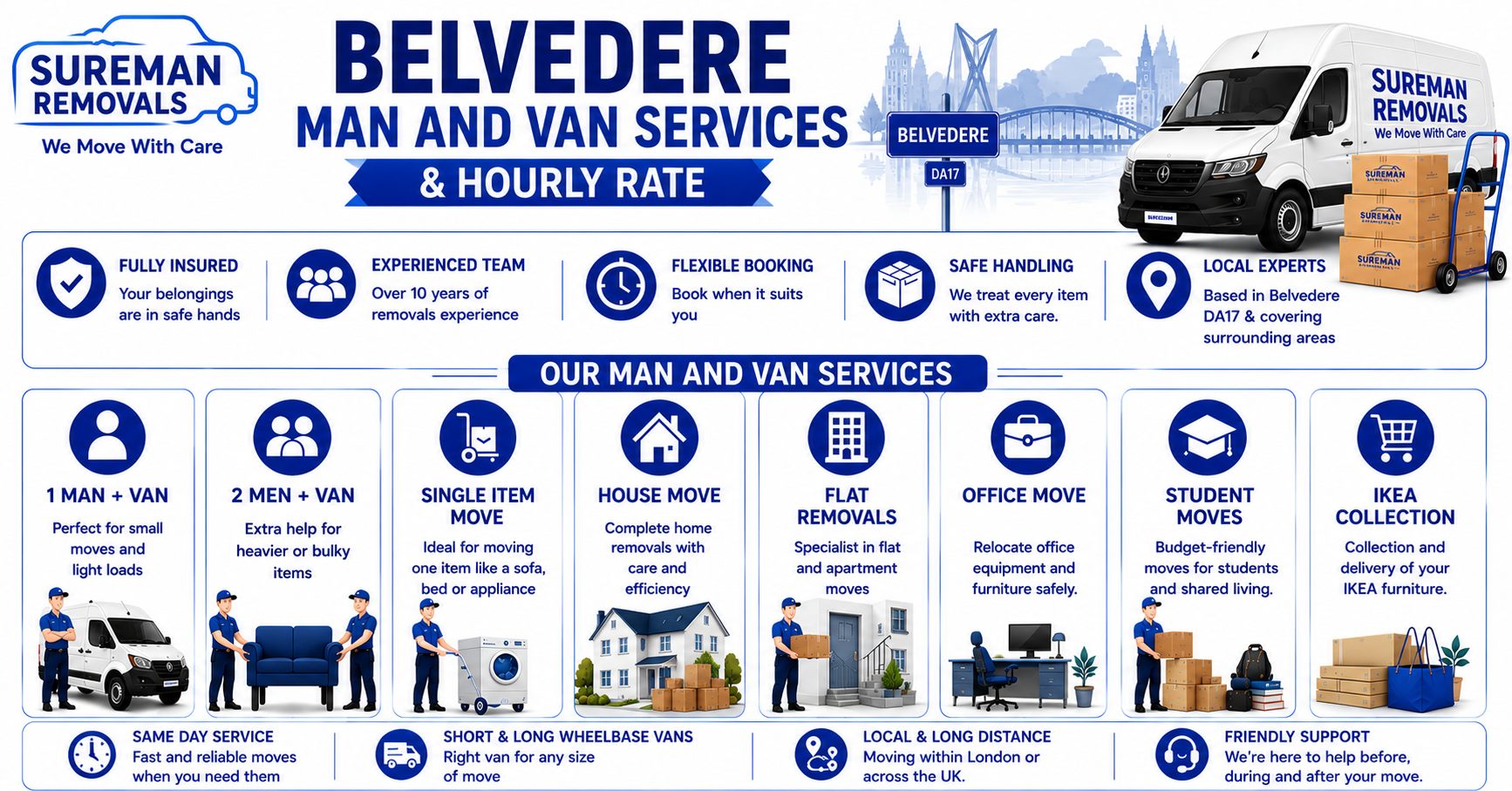 Infographic showing Man and Van Belvedere service types, van options, and team setups